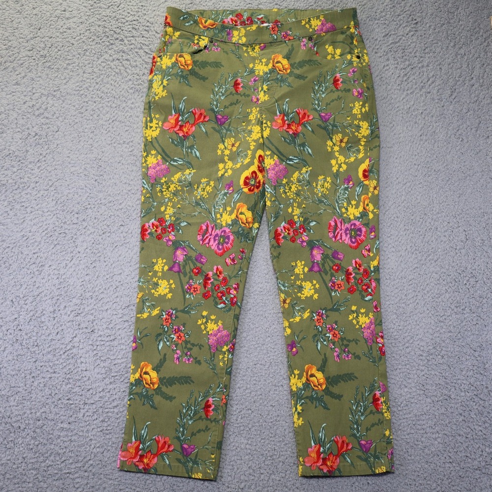 Susan Graver Olive Green Floral Stretch Straight Leg Pull On Pants Womens 10